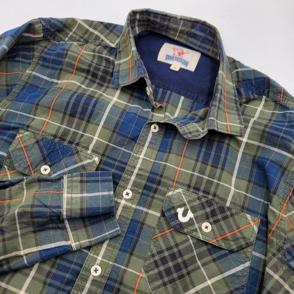 True Religion Mens XL Plaid Button Down Shirt Green Blue Long Sleeve Horseshoe